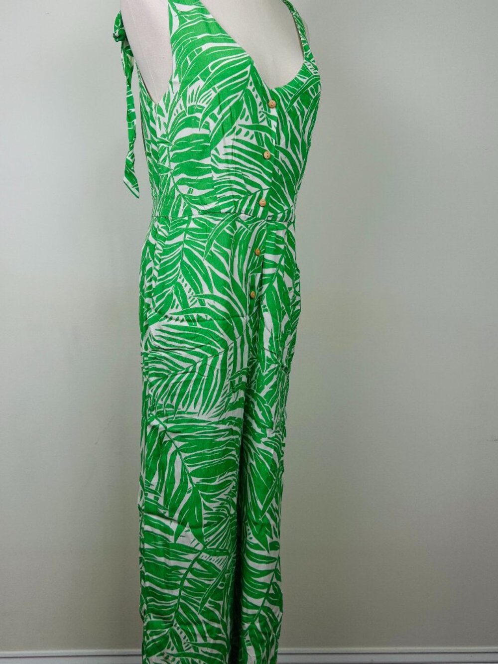 MNG Mango Women’s Jumpsuit Size S Green White Tropical Leaf Print Wide Leg